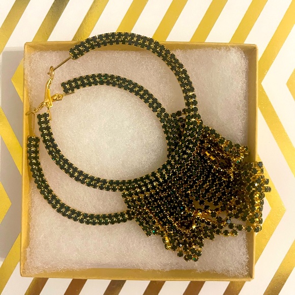 NEW, Natasha, Green Rhinestone, Sparkling Dangle Hoop Earrings - Picture 2 of 9